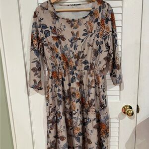Women’s Floral Midi Dress Size L Beige Rust Blue Boho Fall Dress